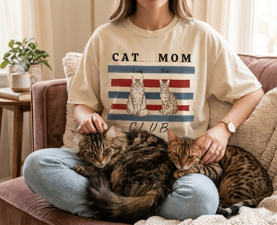 Personalized Cat Mom Club Custom Cat Lover Vintage Striped T-Shirt