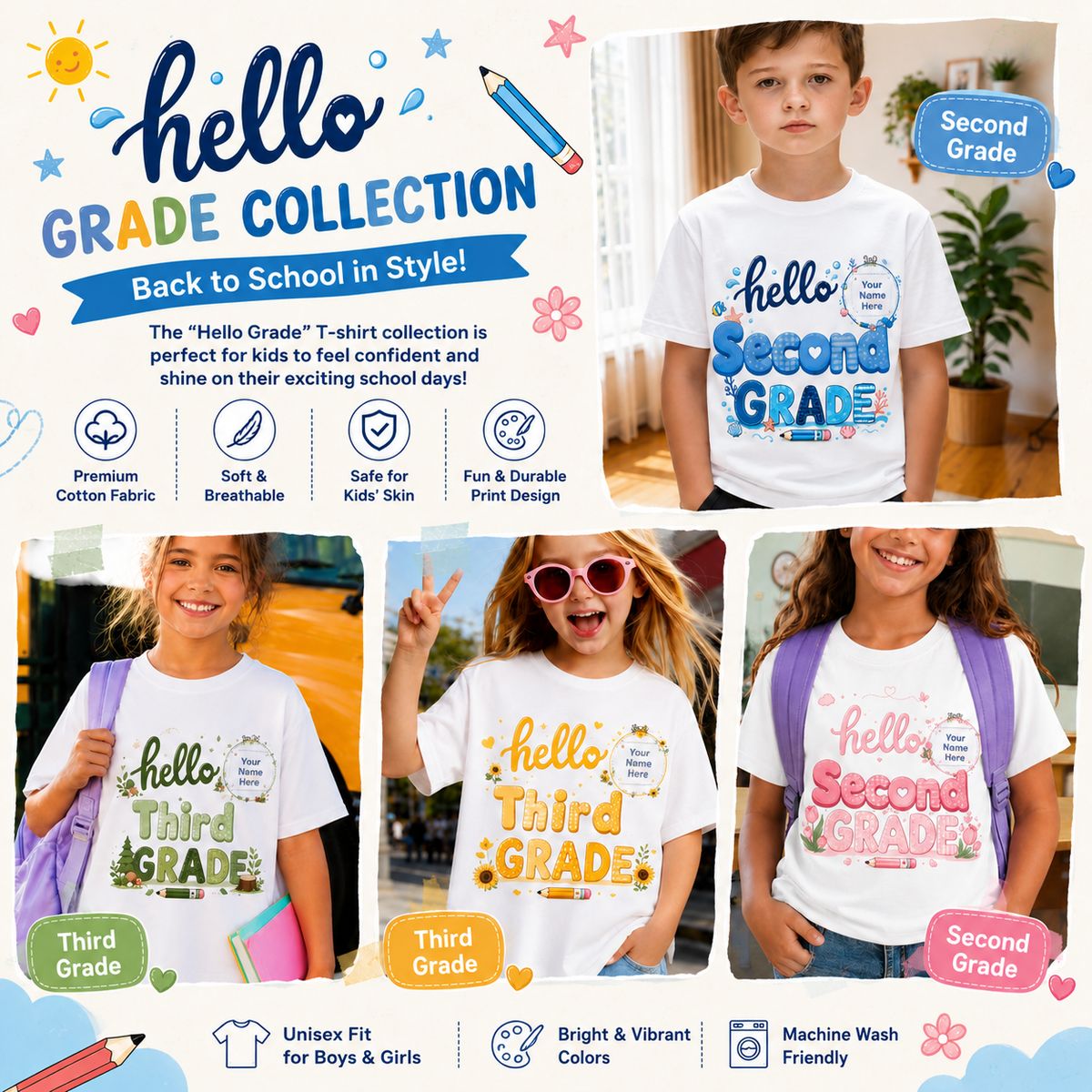 Personalized Hello Grade Kids T-Shirt – Custom Back to School Shirt for Boys & Girls