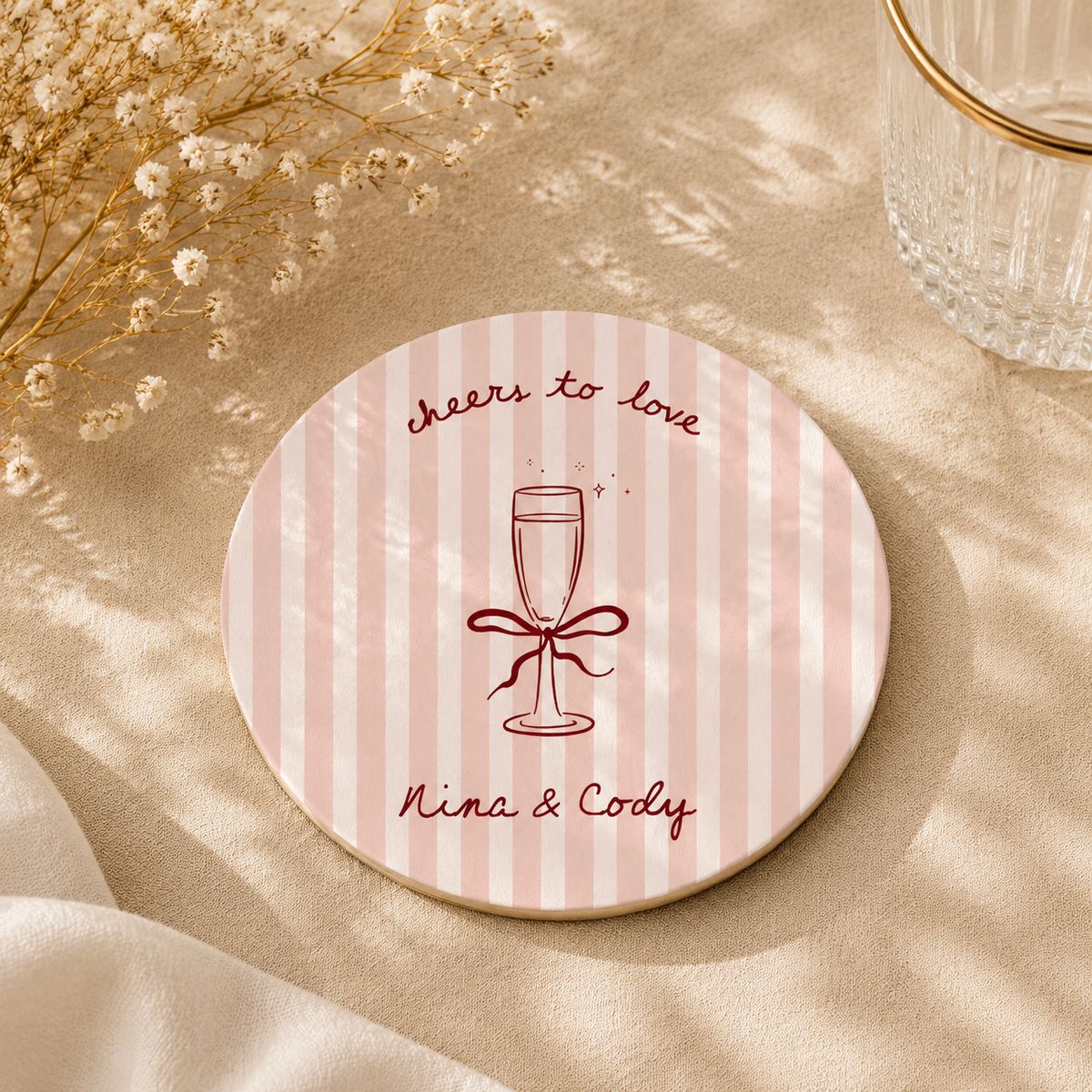 Sip, Celebrate, Cherish – Custom Couple Names Coaster for Wedding & Engagement