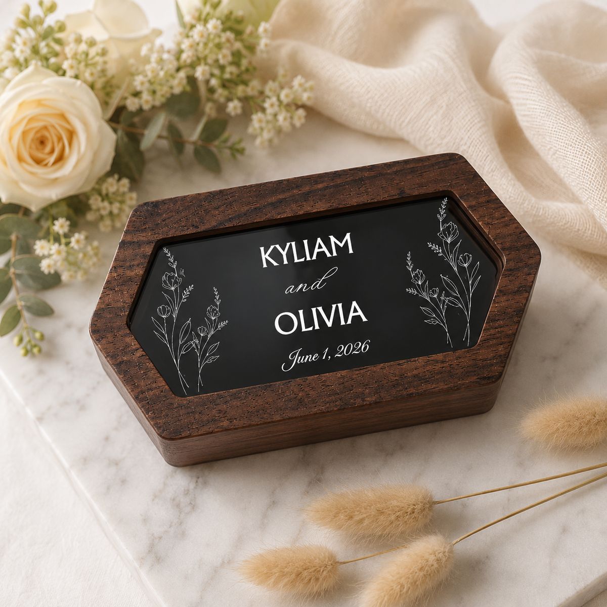 Personalized Wooden Wedding Ring Box – Custom Couple Names and Date with Elegant Botanical Line Art