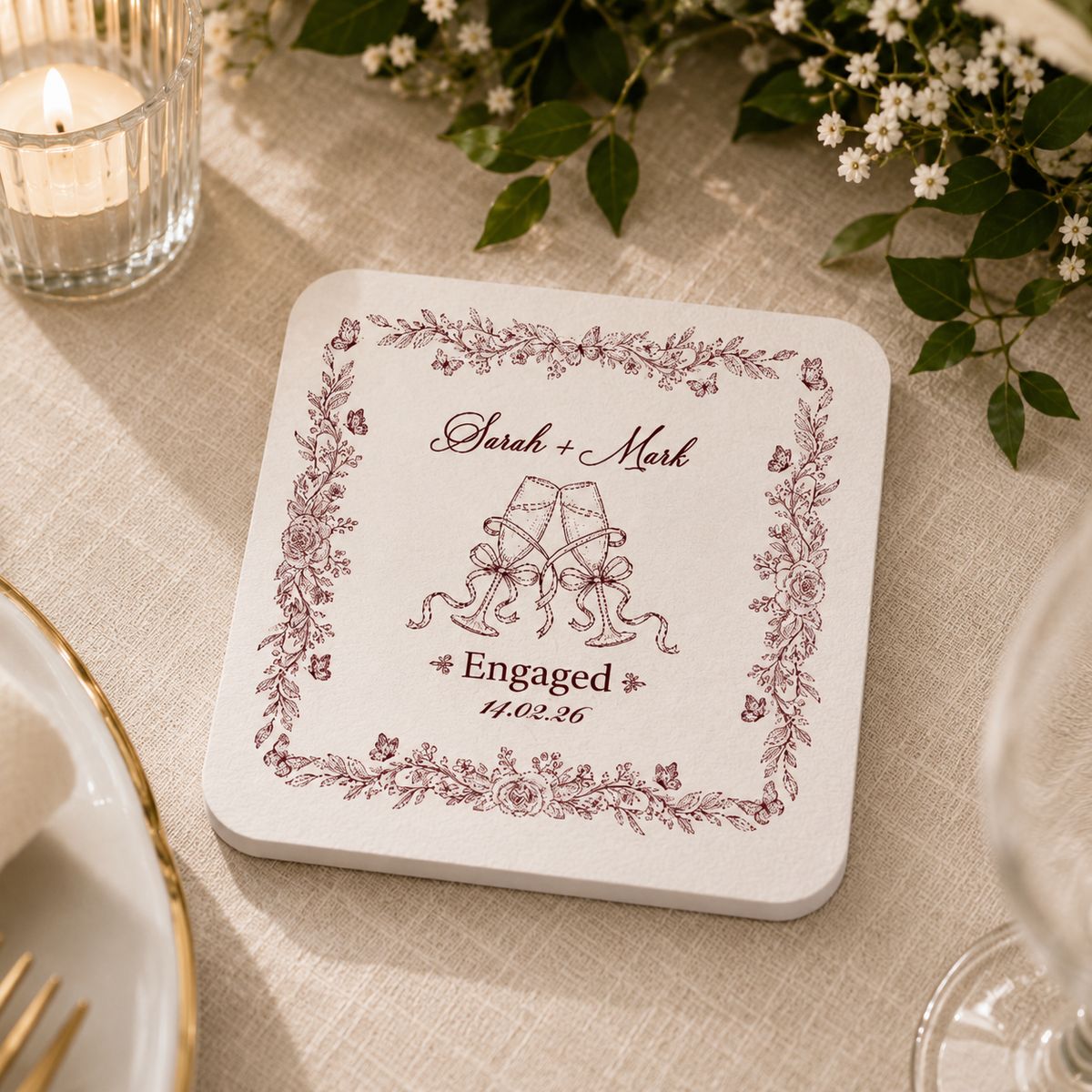 Personalized Engagement Coaster, Custom Couple Name Drink Coaster, Wedding Favor Coaster, Bridal Shower Gift, Multi-Color Wedding Coaster