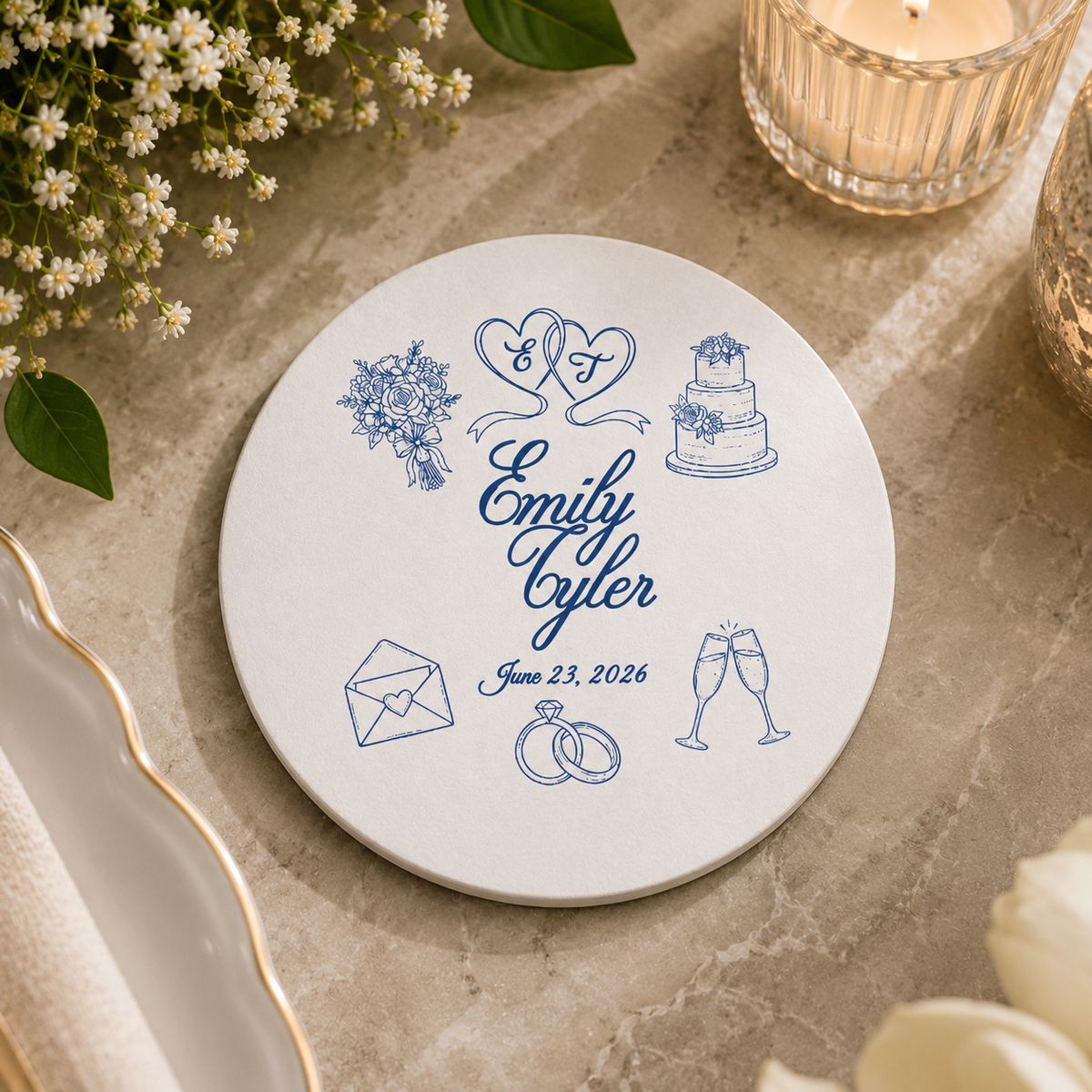 Love in Every Detail – Personalized Wedding Coaster with Couple Names & Wedding Icons