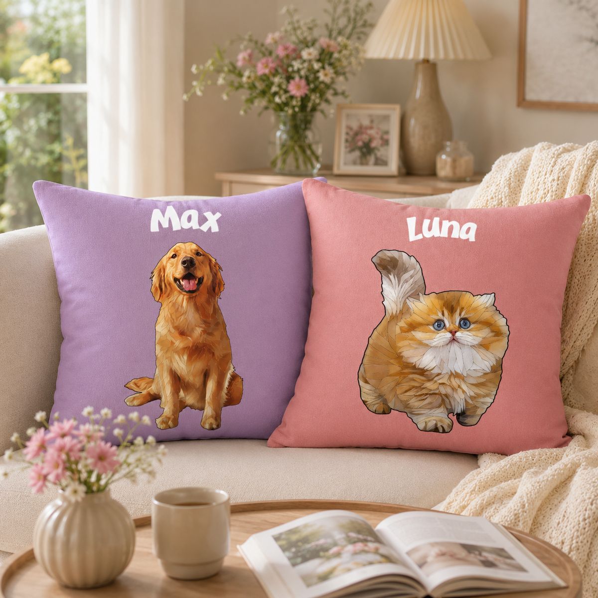Personalized Custom Pet Photo Pillow Case Dog & Cat Portrait with Name Throw Pillow Cover
