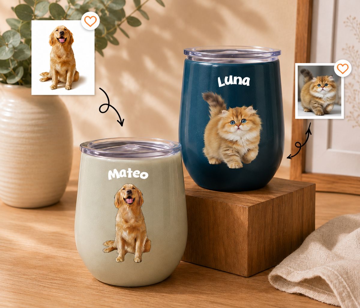 Personalized Custom Pet Photo Tumbler Dog & Cat Portrait with Name Travel Coffee Tumbler