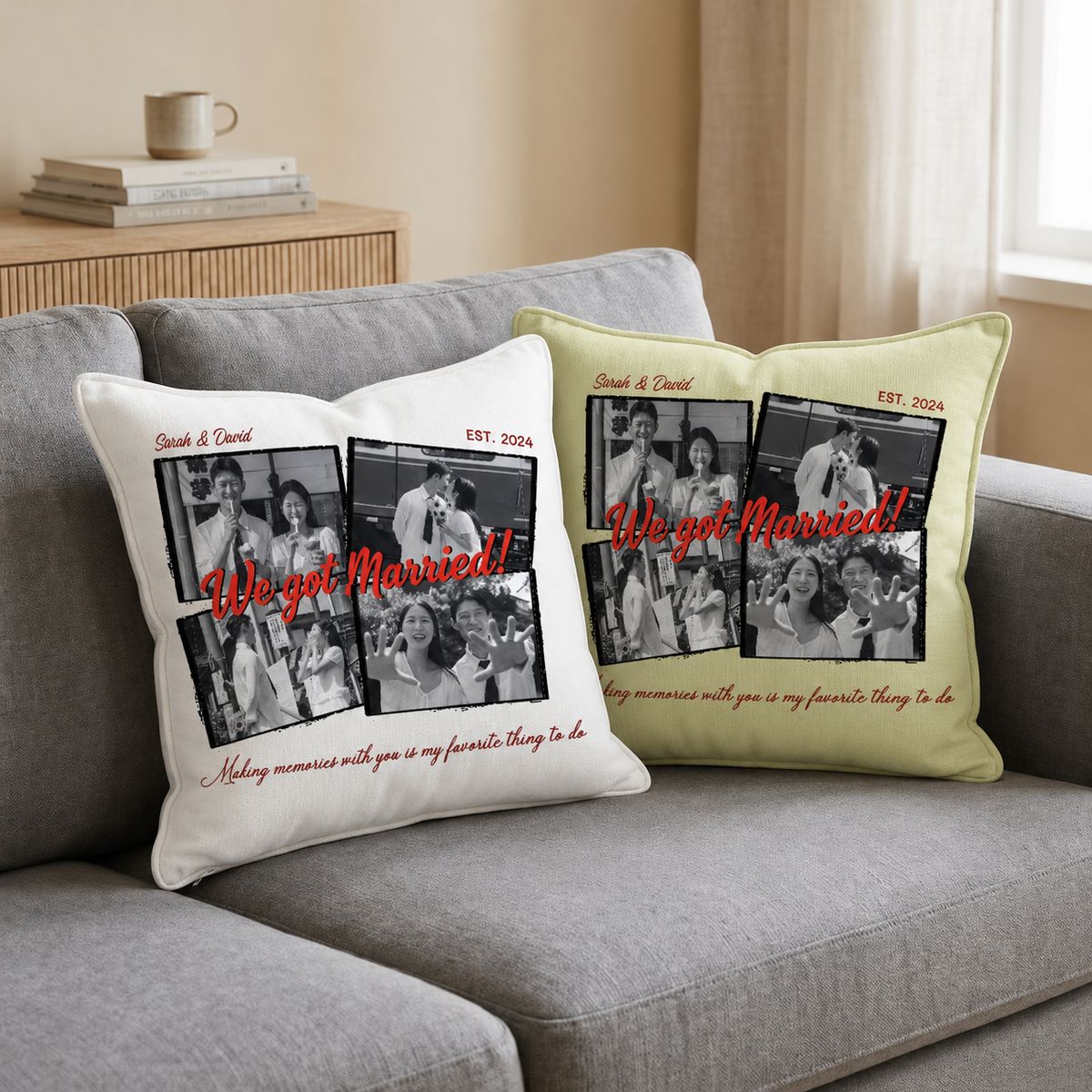 Wrapped in Our Memories – Personalized Wedding Photo Pillow with Custom Names & Date