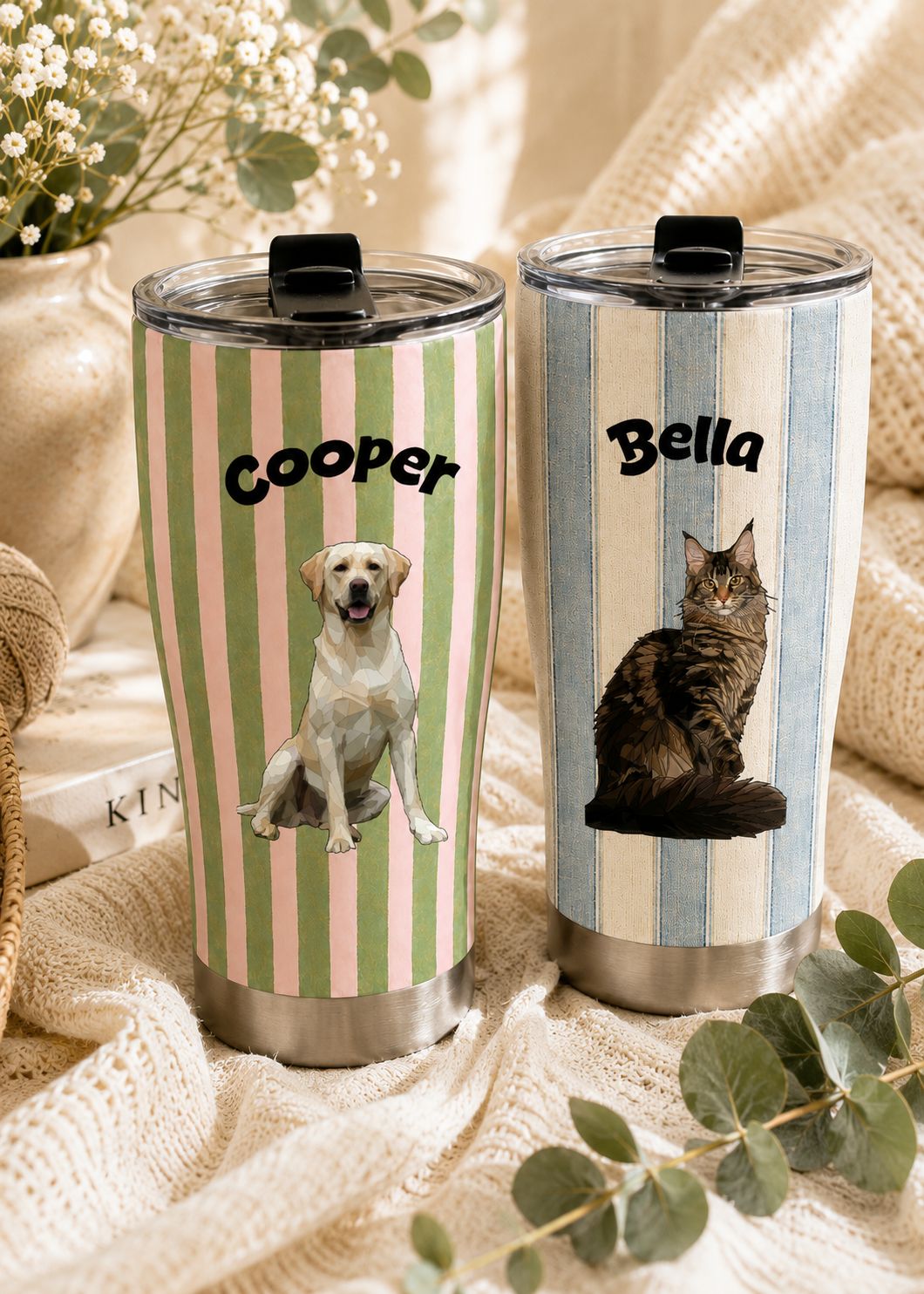 Custom Uploaded Pet Photo Tumbler Personalized Dog Cat Portrait with Name Striped Travel Cup