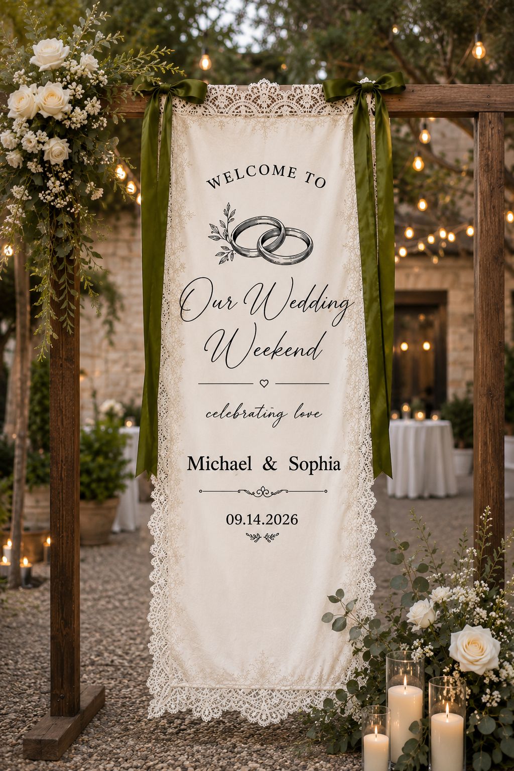 Custom Wedding Welcome Decor – Personalized Hanging Banner with Wedding Date