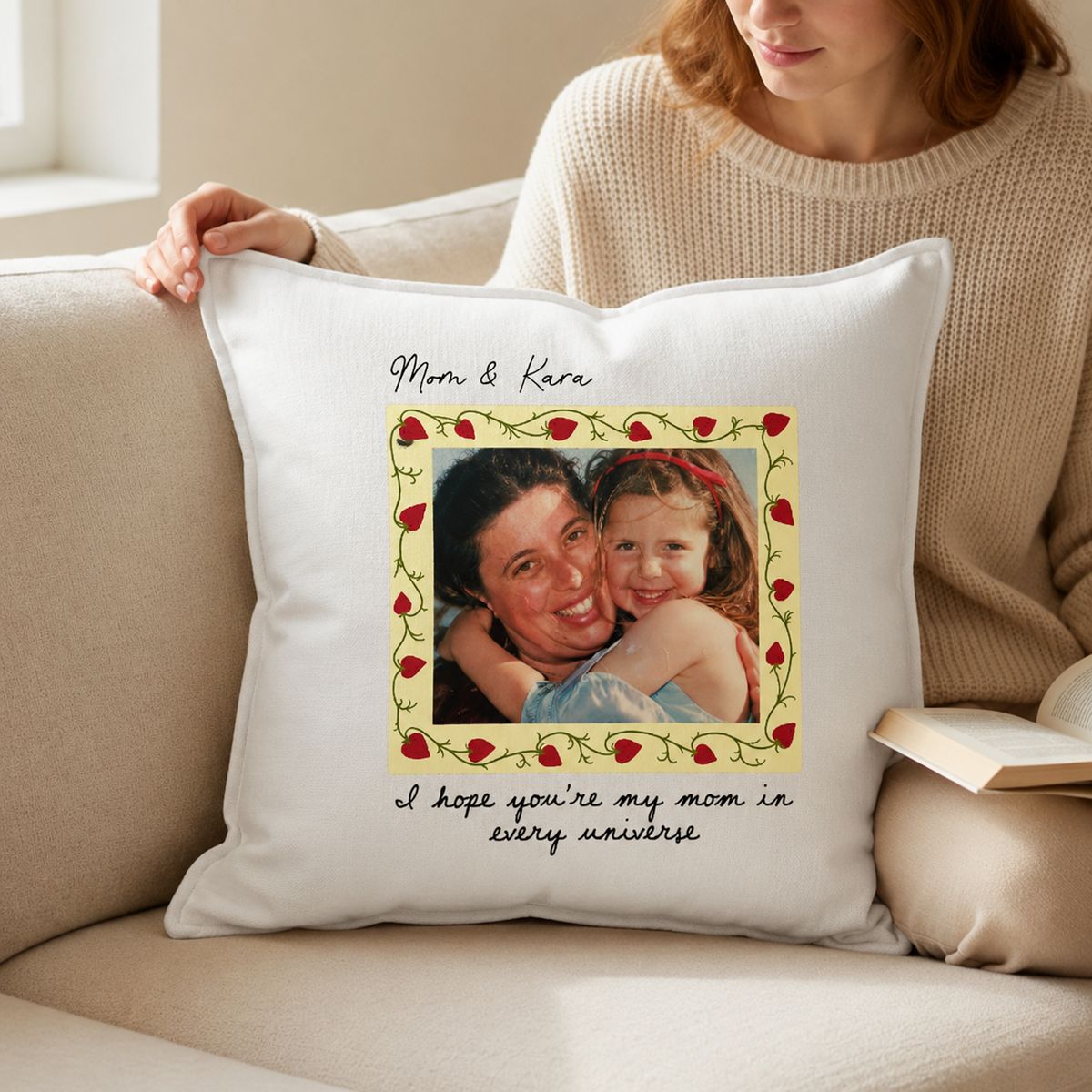 A Hug She Can Keep Forever – Personalized Photo Pillow for Mom with Custom Picture & Names, Mother's Birthday Gift, Personalized Throw Pillow, Multi-Color Cushion Cover