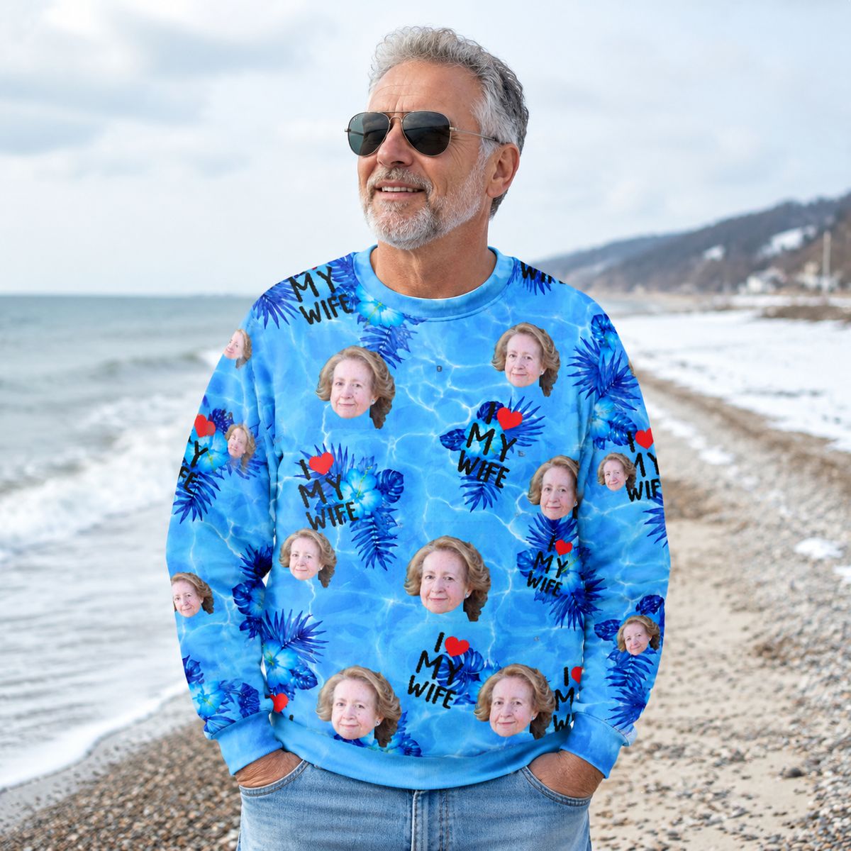 Custom Face Sweatshirt I Love My Wife Personalized Photo Blue Tropical Pullover