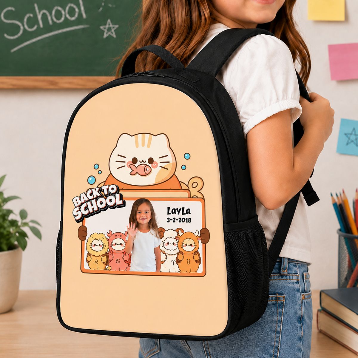 Personalized Back to School Kids Backpack with Photo & Name | Cute Cat Custom School Backpack