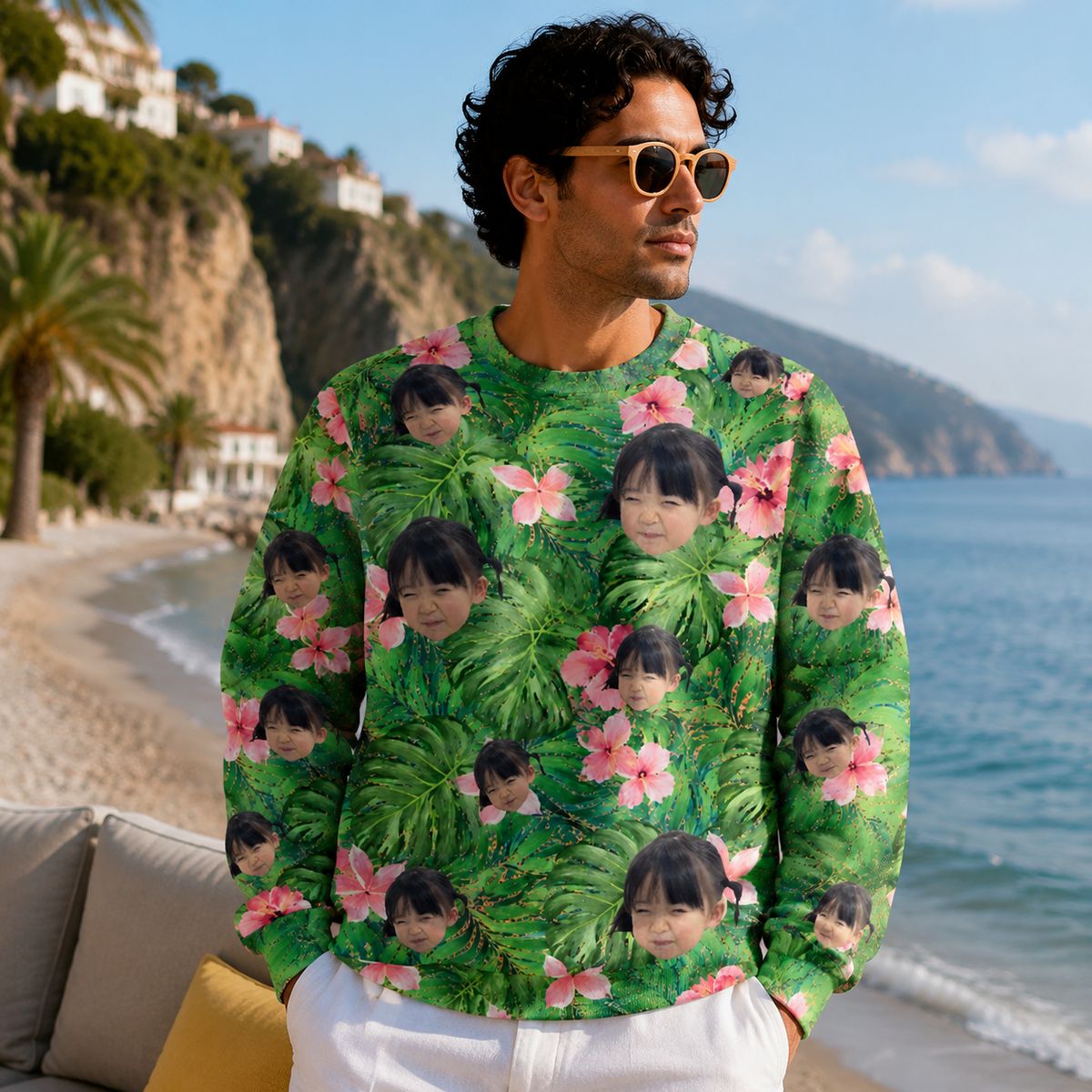 Custom Portrait Photo Sweatshirt, Funny Tropical Sweatshirt, Vacation Crewneck, Holiday Gift, Custom Photo Pullover