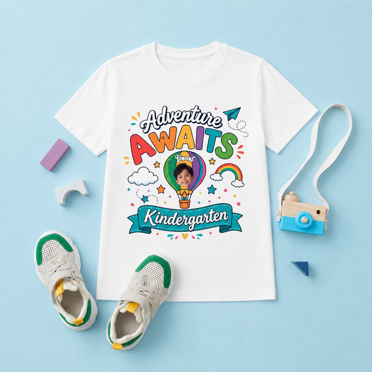 Personalized Adventure Awaits Kindergarten Kids T-Shirt with Photo & Name – Custom First Day of Kindergarten Shirt for Boys & Girls