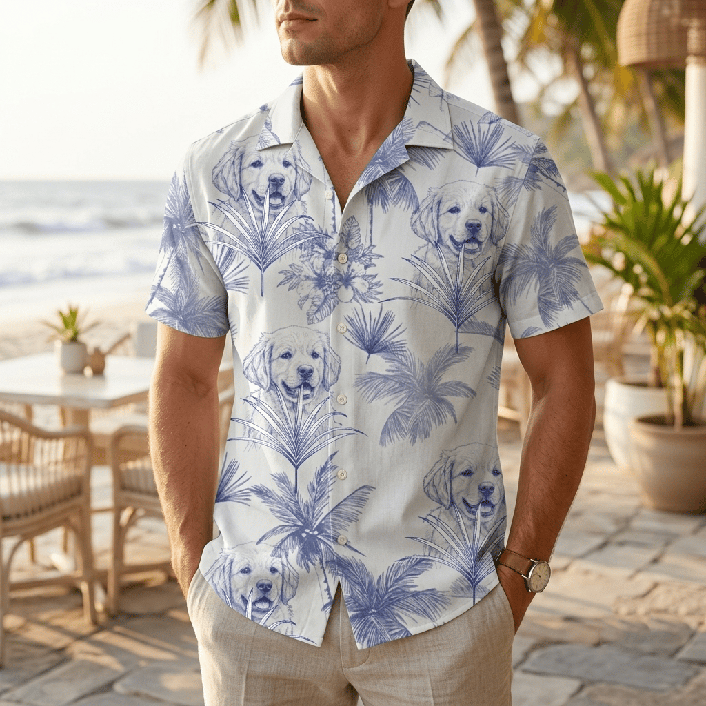 Custom Dog Photo Hawaiian Shirt, Personalized Pet Toile De Jouy Beach Shirt, Custom Pencil Drawing Family Pet Shirt, Custom Men Hawaiian Shirt