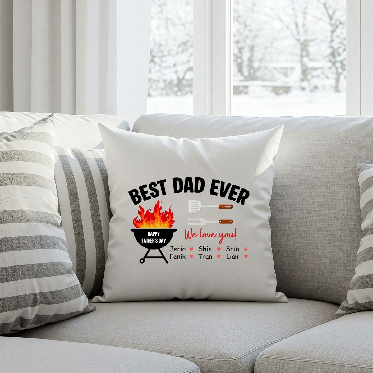 Best Dad Ever Personalized Pillow – Custom Kids' Names Father's Day Throw Pillow, BBQ Dad Gift, Gift for Dad from Kids