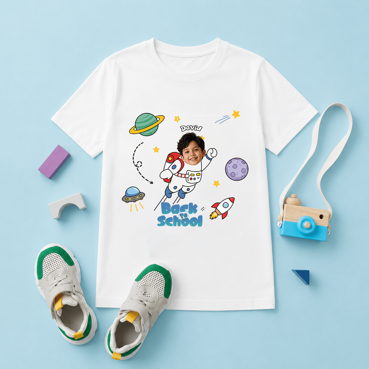 Personalized Back to School Astronaut Shirt | Custom Photo & Name Kids T-Shirt | Space Theme First Day of School Gift