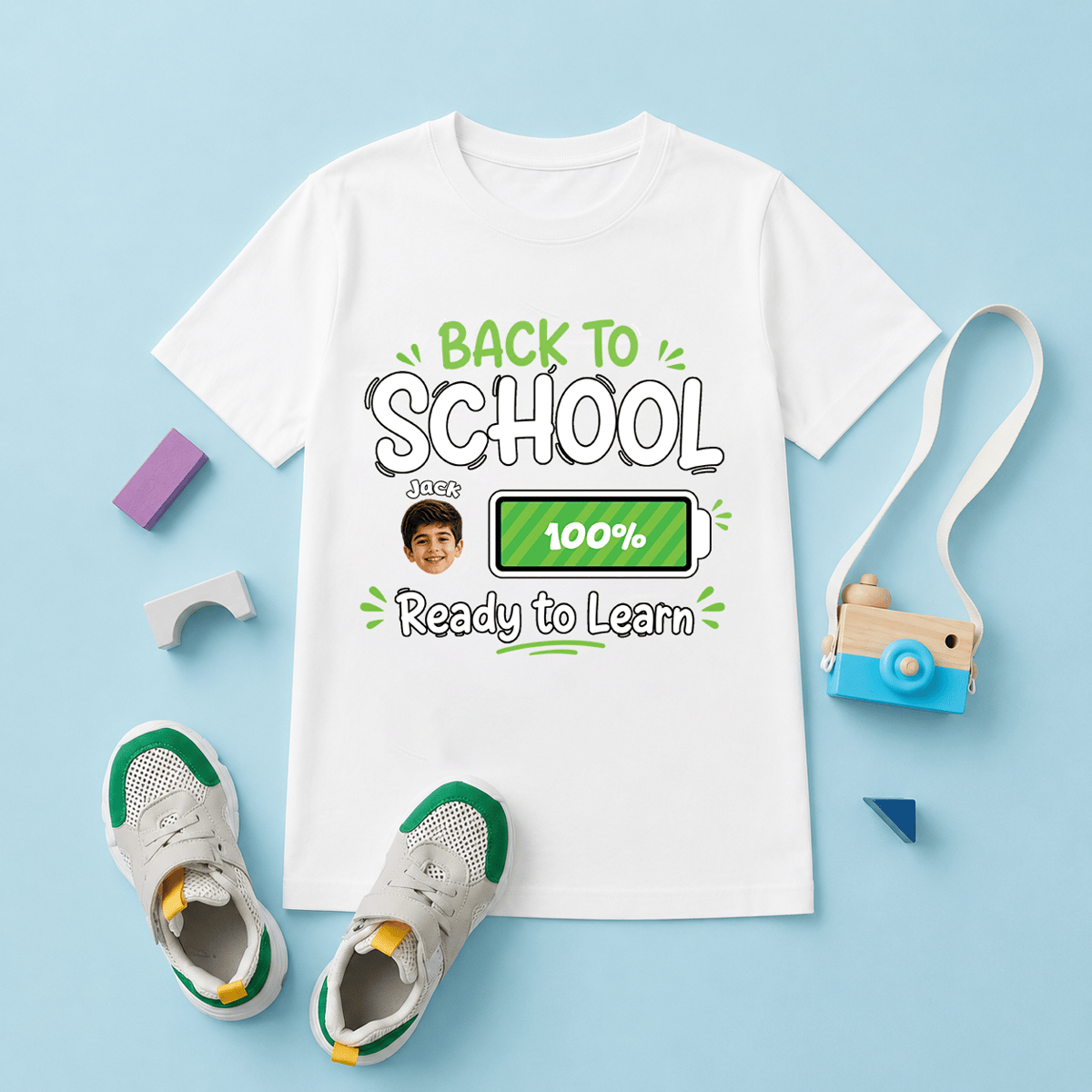 Personalized Back to School Battery Level Kids T-Shirt – Custom Photo & Name, Ready to Learn School Shirt for Boys & Girls