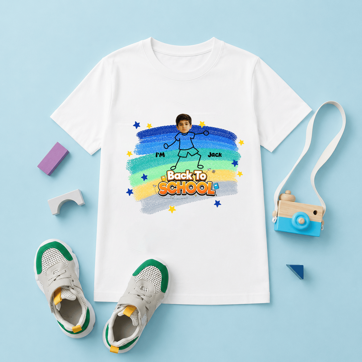 Personalized Back to School Kids T-Shirt – Custom Photo & Name Rainbow First Day of School Shirt