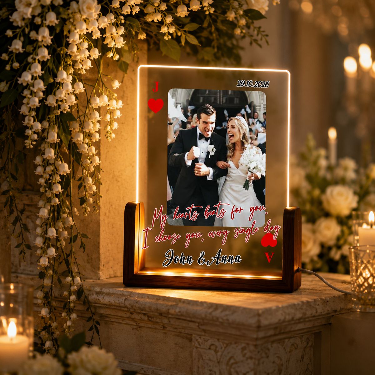 Personalized Wedding Love Marriage Playing Card Lamp, Custom Acrylic Night Light for Wedding Couple, Long Love Distance Photo Box Gift