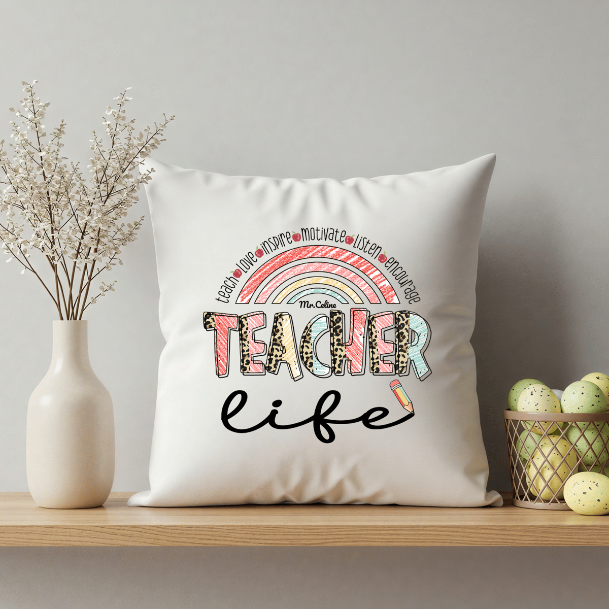 Personalized Teacher Life Pillow Cover – Custom Name Rainbow Cushion, Teacher Appreciation Gift, Back to School Classroom Decor, Gift for Teacher