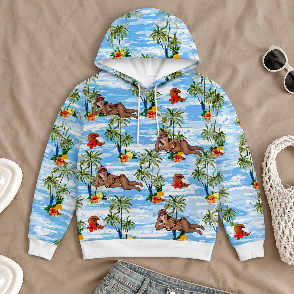 Custom Face Vacation Hoodie, Funny Tropical Holiday Graphic Hoodie, Personalized Travel Gift