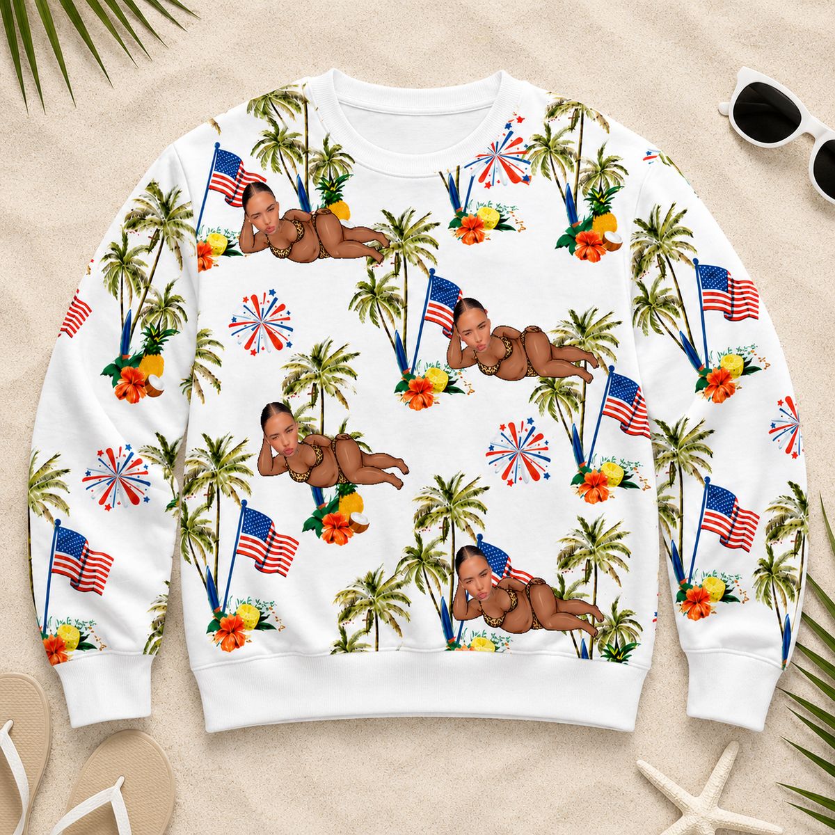 Custom Face Sweatshirt, Funny USA Flag Tropical Vacation Graphic Sweatshirt, Personalized Holiday Gift