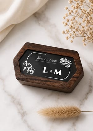 Personalized Wooden Wedding Ring Box – Custom Floral Line Art Keepsake with Couple Names and Date