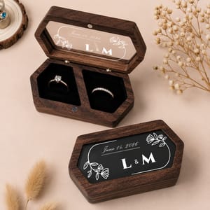 Personalized Wooden Wedding Ring Box – Custom Floral Line Art Keepsake with Couple Names and Date