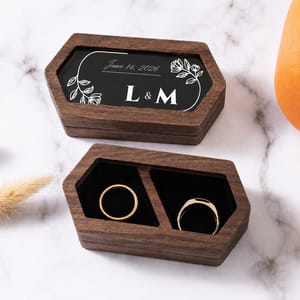 Personalized Wooden Wedding Ring Box – Custom Floral Line Art Keepsake with Couple Names and Date
