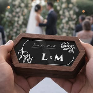Personalized Wooden Wedding Ring Box – Custom Floral Line Art Keepsake with Couple Names and Date