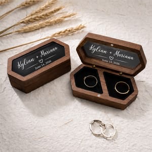 Personalized Wooden Wedding Ring Box – Custom Couple Names and Date Keepsake with Heart Accent