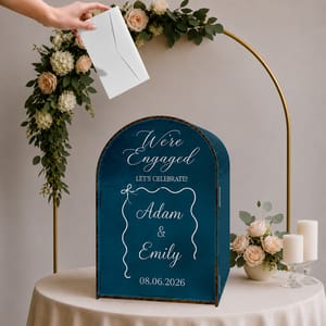 Personalized Engagement Celebration Box – Custom “We’re Engaged” Design with Couple Names, Date and Wavy Frame Accent