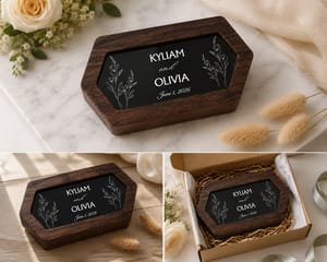 Personalized Wooden Wedding Ring Box – Custom Couple Names and Date with Elegant Botanical Line Art