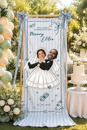 Personalized Wedding Cartoon Face Fabric Banner
