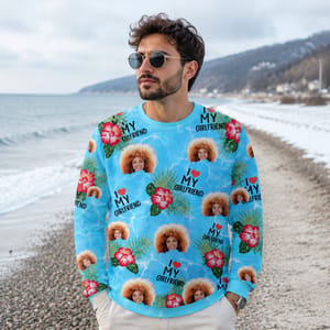 Custom Face Sweatshirt I Love My Wife Personalized Photo Blue Tropical Pullover