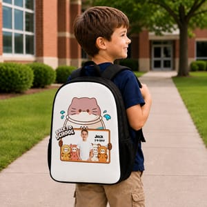 Personalized Back to School Kids Backpack with Photo & Name | Cute Cat Custom School Backpack