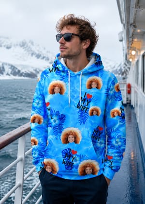 Custom Face Hoodie I Love My Wife Personalized Photo Tropical Blue Pullover