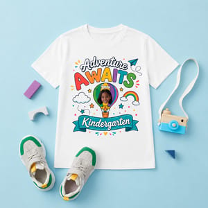 Personalized Adventure Awaits Kindergarten Kids T-Shirt with Photo & Name – Custom First Day of Kindergarten Shirt for Boys & Girls