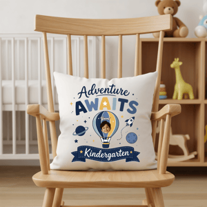 Personalized Adventure Awaits Kindergarten Photo Pillow – Custom Back to School Cushion Gift for Kids