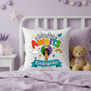 Personalized Adventure Awaits Kindergarten Photo Pillow – Custom Back to School Cushion Gift for Kids