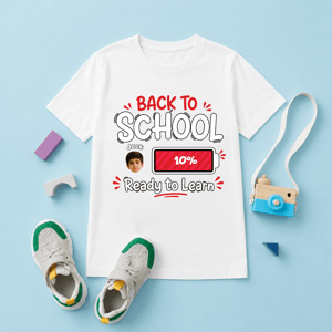 Personalized Back to School Battery Level Kids T-Shirt – Custom Photo & Name, Ready to Learn School Shirt for Boys & Girls