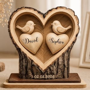 Celebrate Lasting Love, Personalized Birds In Heart Wood Plaque, Gift For Couples