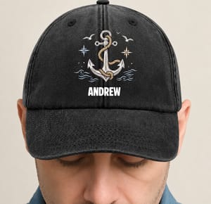 Washed Denim Baseball Cap with Boat Anchor and Nautical Flags - Coastal Style Unique Gift for Sailors and Boat Lovers