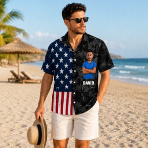 American Flag Aloha Shirt - Patriotic Dad Hawaiian Shirt, Custom Face Photo and Name