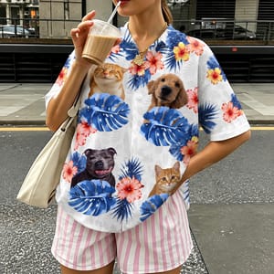 Custom Pet Photo Hawaiian Shirt, Personalized Dog and Cat Aloha Shirt, Tropical Pet Portrait Button Up, Animal Lover Vacation Gift, Pet Parent Beach Shirt