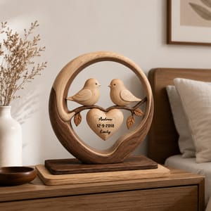 Celebrate Lasting Love, Personalized Birds In Heart Wood Plaque, Gift For Couples