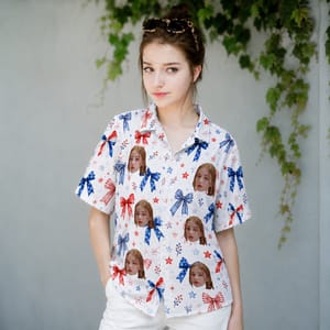 Custom Face Summer Hawaiian Shirt, Personalized Patriotic Photo Shirt, Red White Blue Bow Design, Fourth of July Vacation Gift