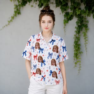 Custom Face Summer Hawaiian Shirt, Personalized Patriotic Photo Shirt, Red White Blue Bow Design, Fourth of July Vacation Gift