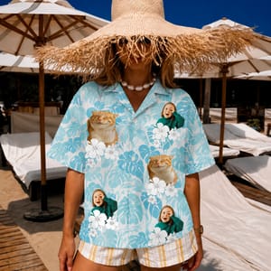 Custom Pet and Human Photo Hawaiian Shirt, Personalized Dog Cat Aloha Shirt, Tropical Family Friends Vacation Shirt, Animal Lover Gift, Beach Outfit