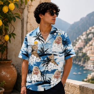 Custom Human Pet Photo Hawaiian Shirt, Personalized Family Aloha Shirt, Dog Cat Tropical Island Shirt, Family Friends Vacation Gift, Custom Portrait Shirt