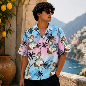 Coconut Cameo Hawaiian Shirt – Personalized Photo Palm Shadow Aloha Shirt, Custom Family & Friends Gift with a Retro Island Twist